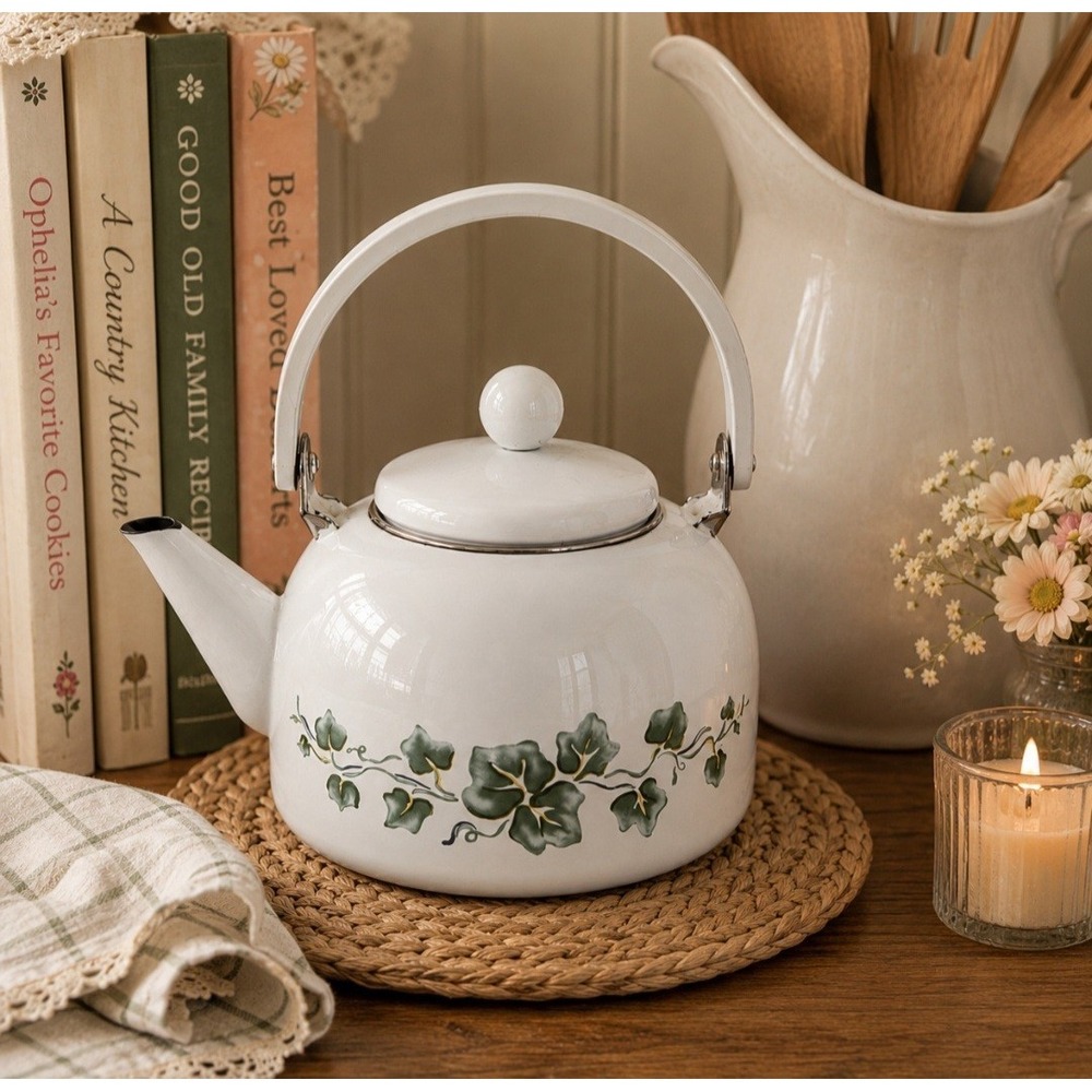 Lincoware White Ivy Adorned Metal Tea Kettle New Without Tags Cottagecore
